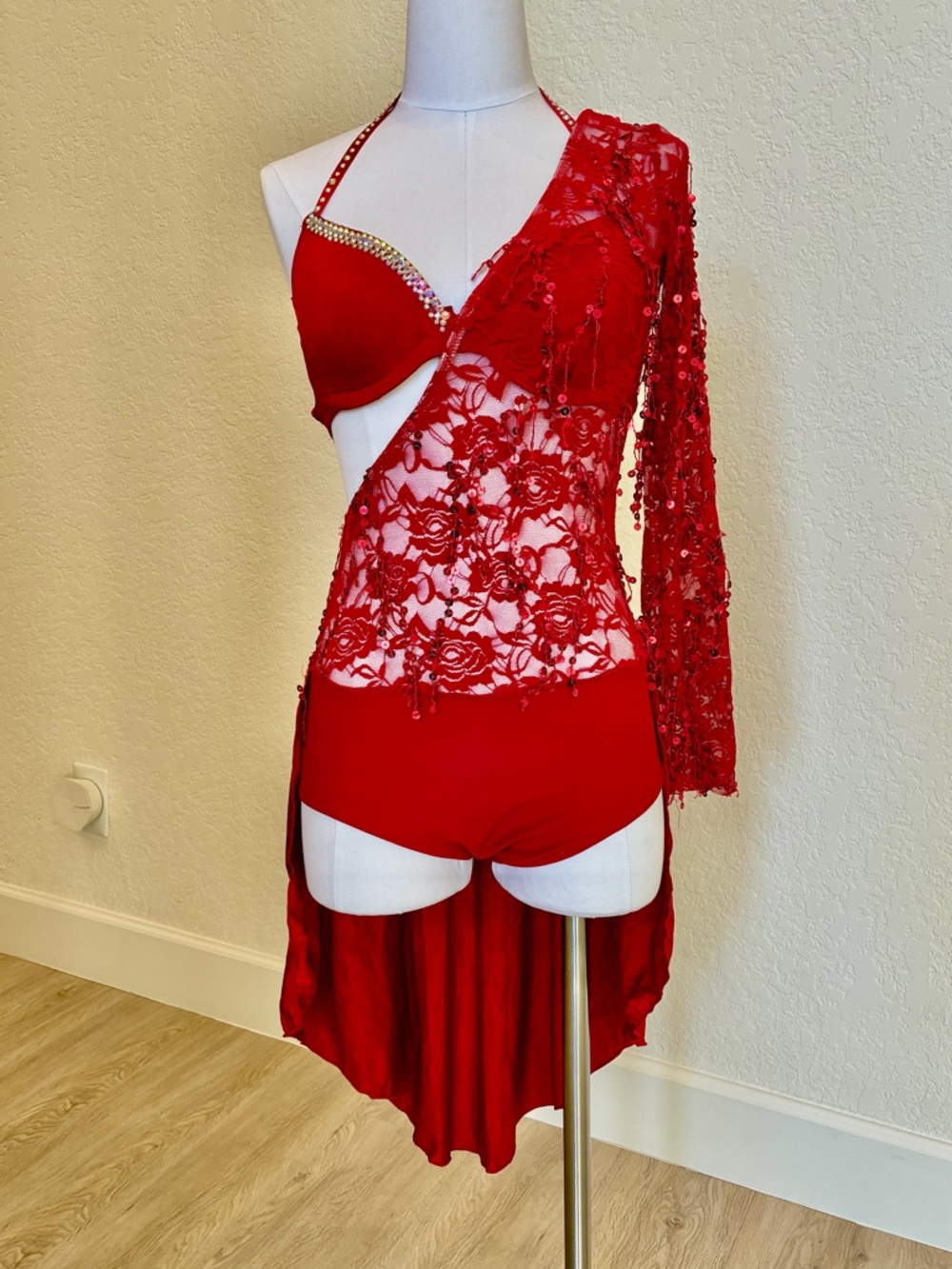 Red Lace One-Shoulder Dance Bodysuit with Bra - Unbranded